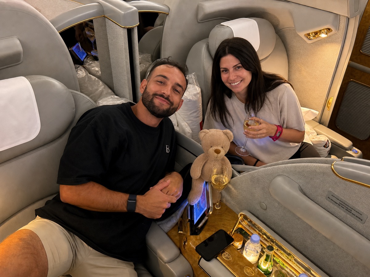 Pilou and her boyfriend on the plane
